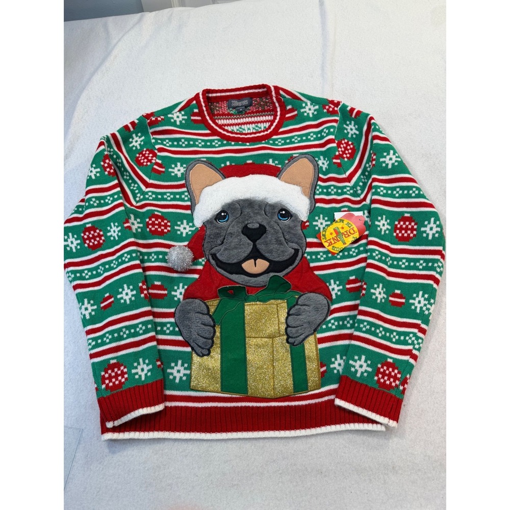 33 Degrees Mens French Bulldog Ugly Christmas Sweater Red Green Fair Isle Size M